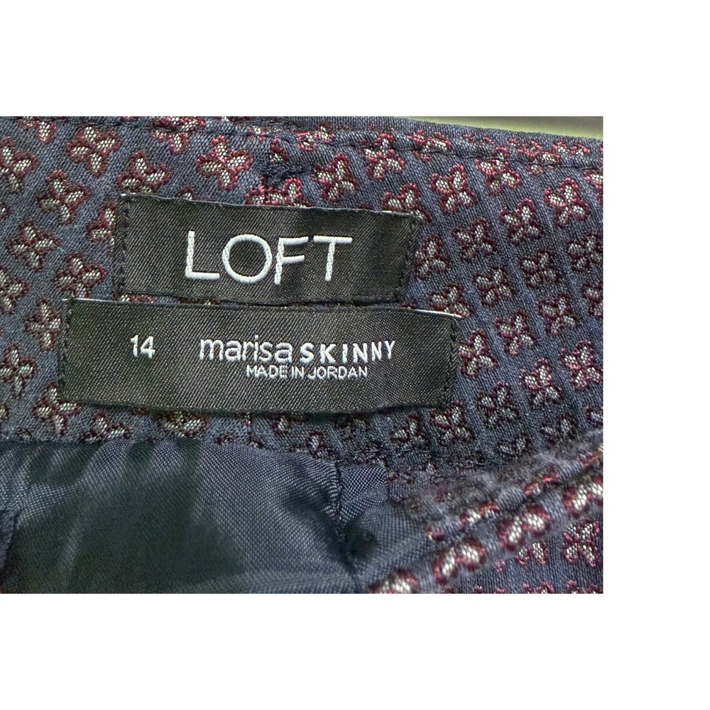 LOFT Marisa‎ Skinny Pants Size 14 Dark Navy Burgundy Geometric Floral Shimmer - Picture 2 of 4